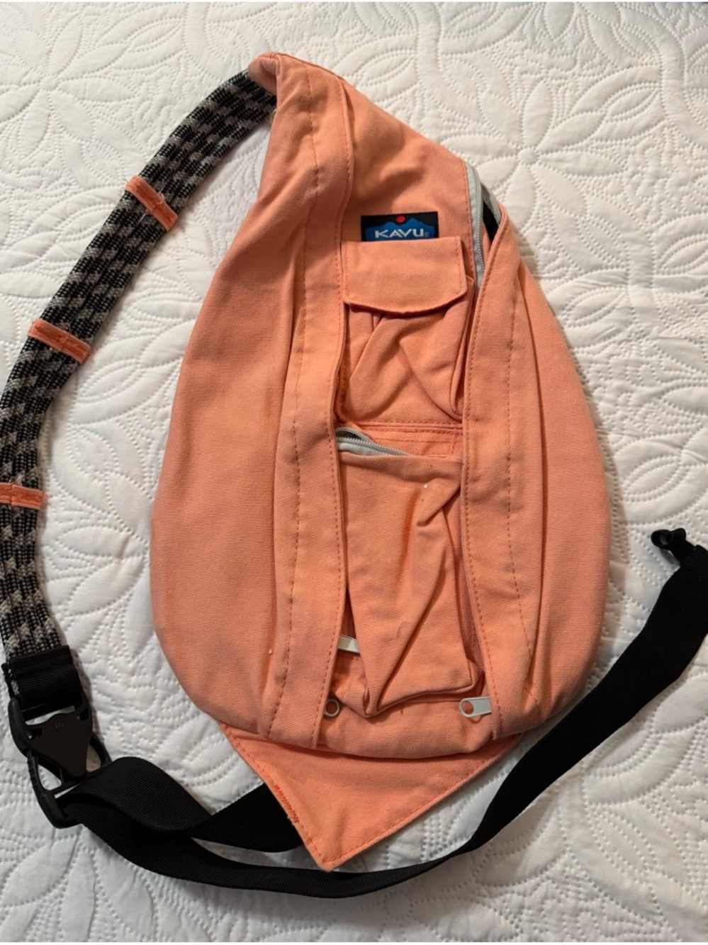 Kavu Peach Crossbody Sling Bag with Patterned Strap